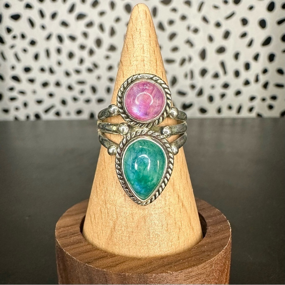 Sterling Silver Pink and Green Moonstone Two Stone Triple Band Ring Size 7